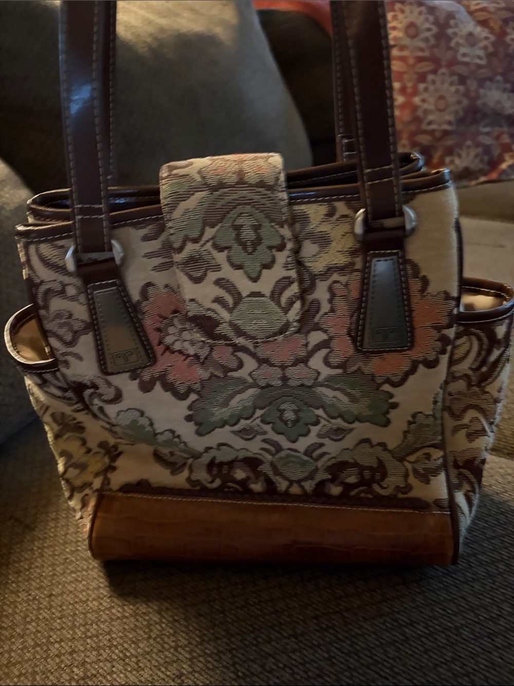 Floral Tapestry Tote Bag in Beige, Green & Pink with Brown Trim